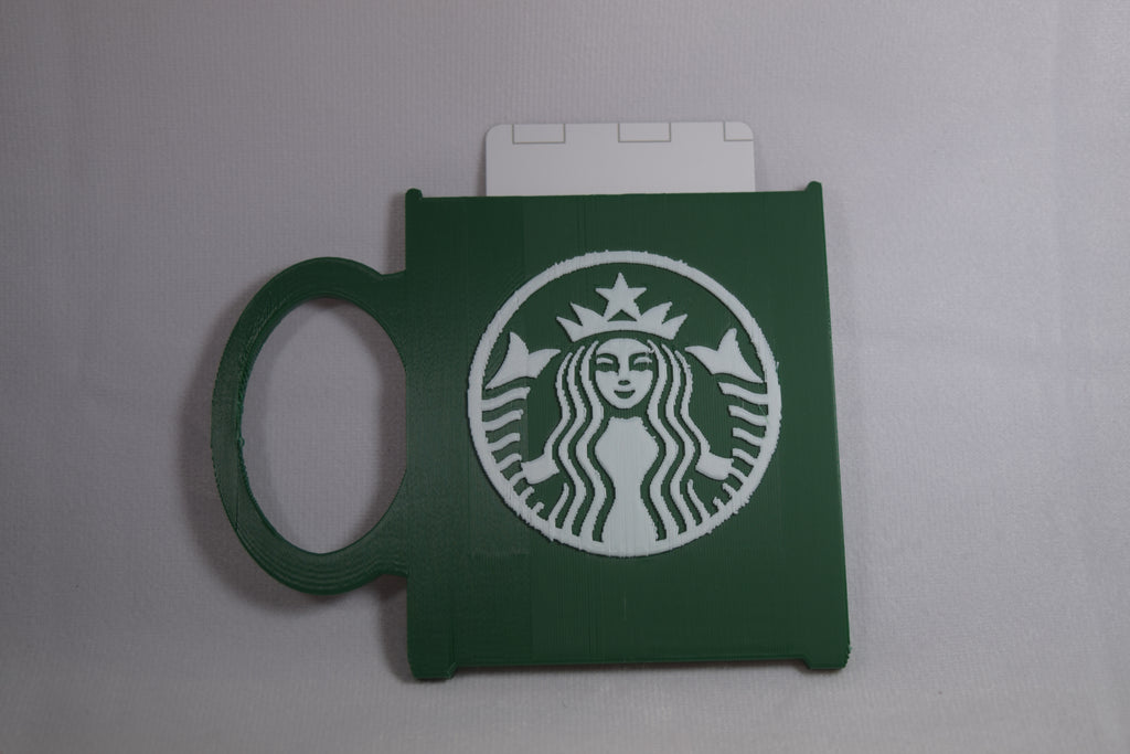 Starbucks mug gift card holder in green with white Starbucks logo
