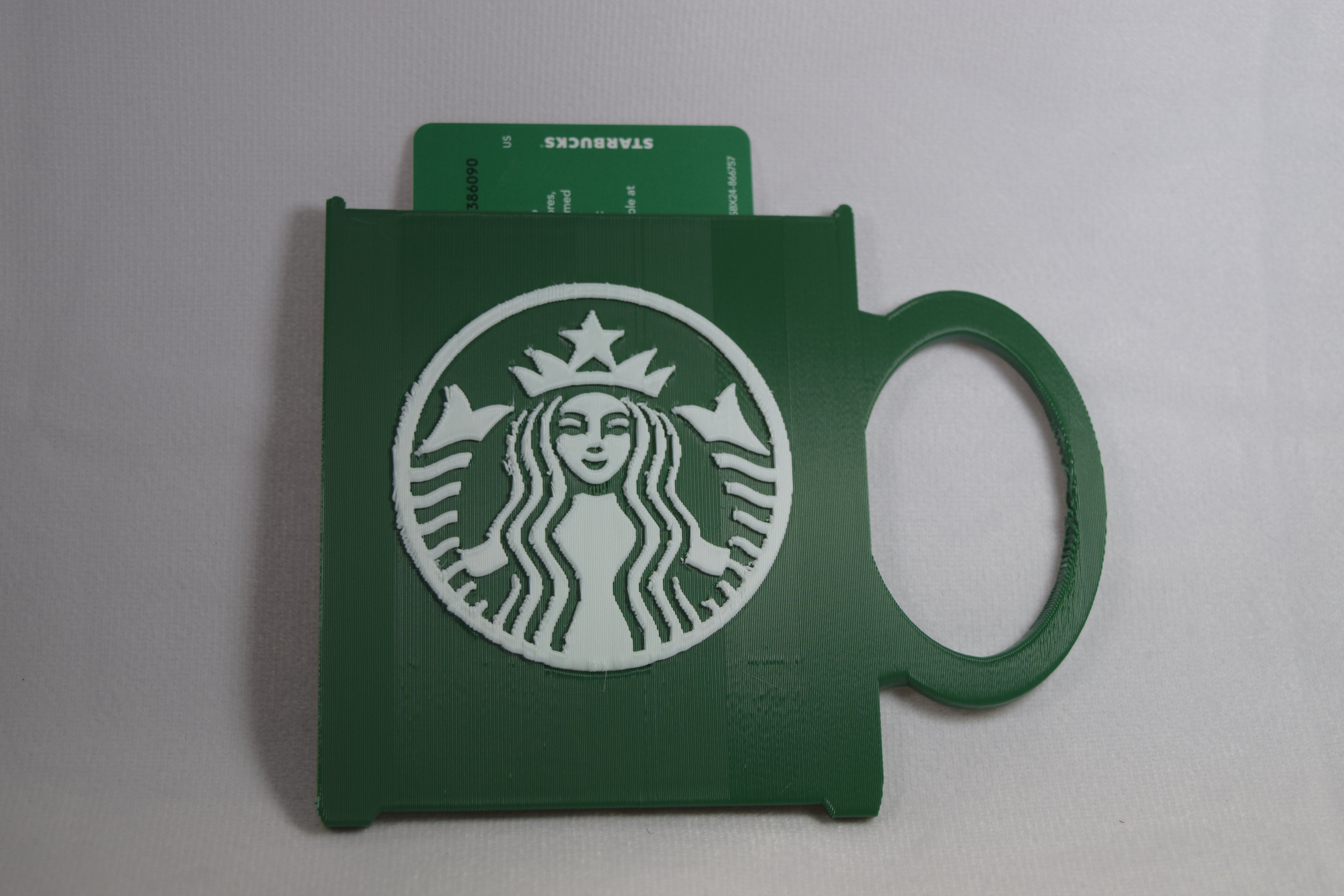 Starbucks mug gift card holder in green with white logo, 3D-printed