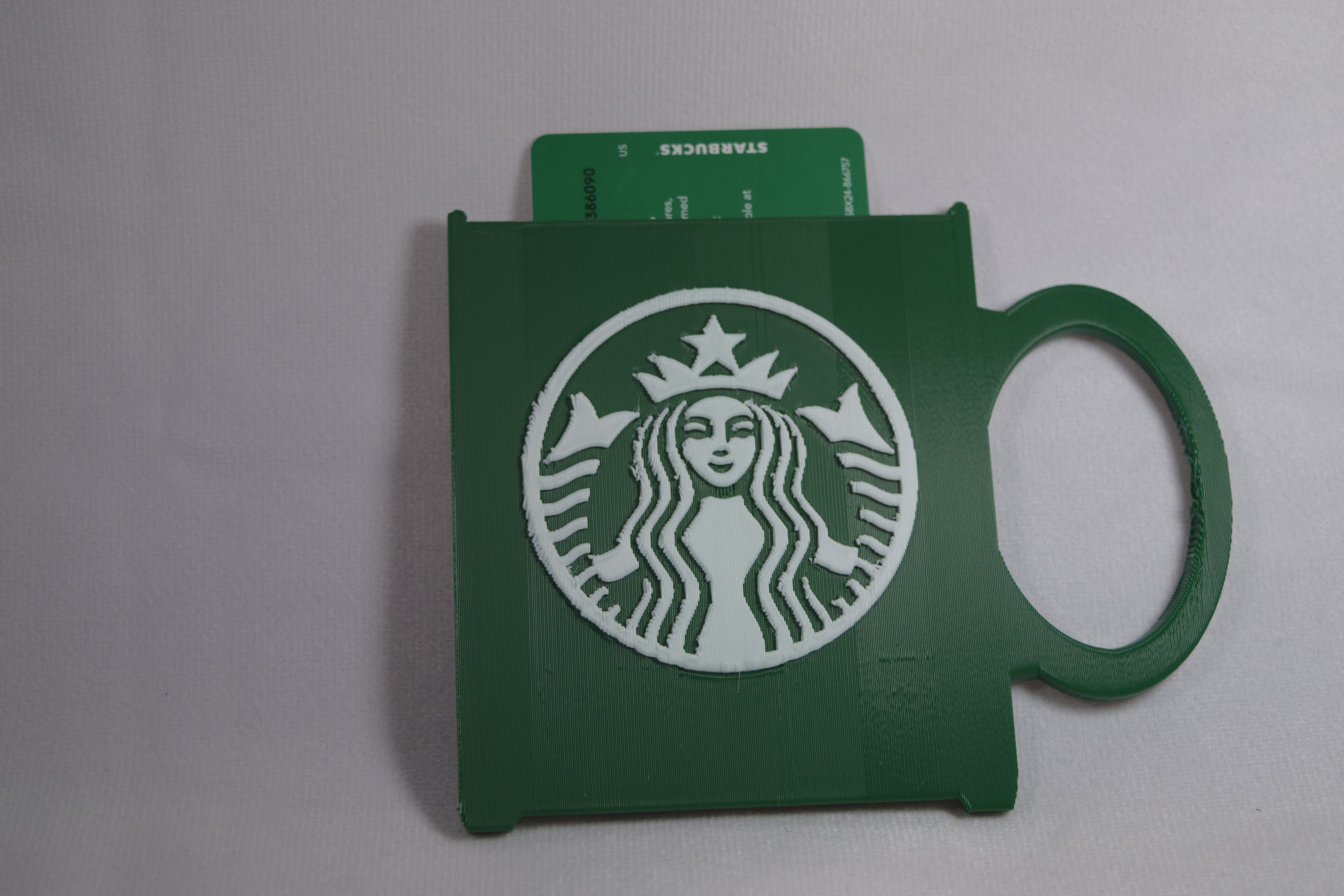 Starbucks mug gift card holder in green, 3D-printed by Bryans3dPrints, featuring Starbucks logo and built-in handle.